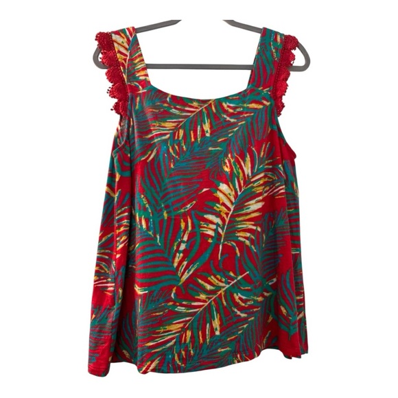 SOFT SURROUNDINGS sleeveless top, soft cotton blend, floral, crochet ruffle,Med. - Picture 3 of 8